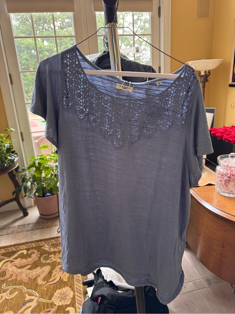 Max Studio Slate Blue Short Sleeve Lace-Neck Top